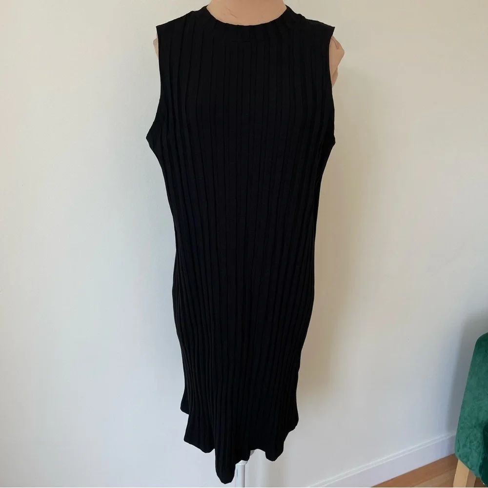 Eileen Fisher System Black Wide Rib Stretch Mock Neck Sleeveless Dress NWT Sz M